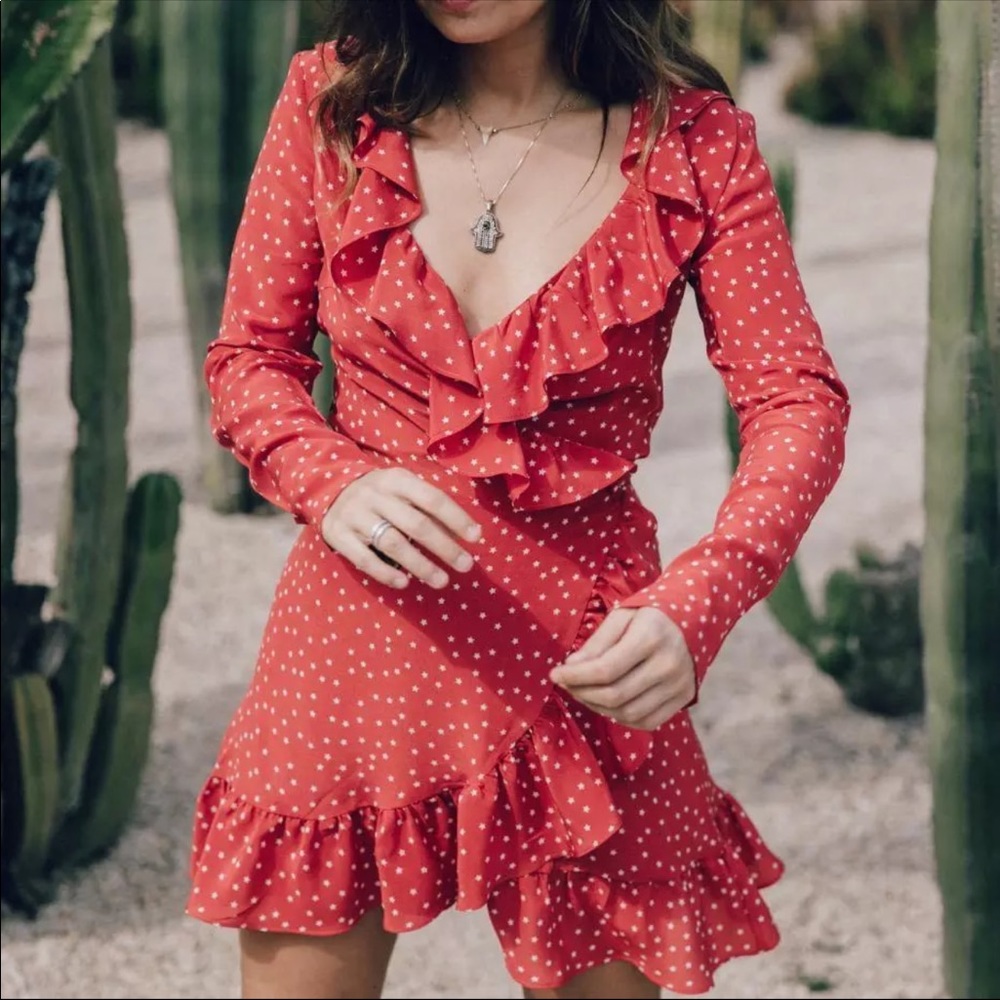 1 Left Red Star Ruffle Wrap Mini Dress Long Sleeve - Picture 2 of 7